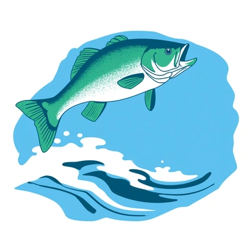 A large teal largemouth bass is leaping above stylized white waves. The bass has intricate details on its scales, with a sleek body arched in mid-air. The waves below are flowing in smooth, curved lines that suggest movement and energy. The background is filled with a deep blue hue, enhancing the overall visual appeal of the scene. The composition captures the dynamic motion of the bass as it breaks the surface of the water, creating splashes that glisten in the light.