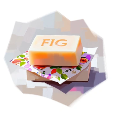 A bar of handmade soap with a smooth, creamy texture is prominently displayed. The soap is infused with a rich "fig fragrance," and its surface features a subtle sheen. It is wrapped in "vintage paper" that has a soft, aged appearance, showcasing intricate illustrations of figs and fig leaves. The paper is elegantly crinkled, adding character to the presentation. The background is softly blurred to maintain focus on the soap, enhancing the visual appeal of this artisanal product.