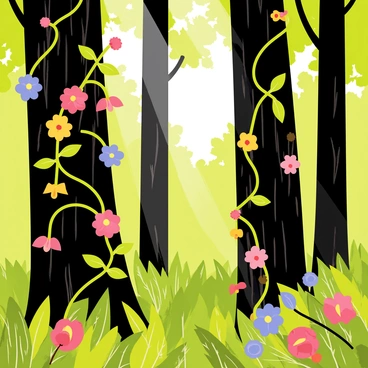 Colorful flowering vines are entwined around the trunks of dark forest trees. The vines feature vibrant blooms in shades of red, pink, yellow, and blue. The trees have thick, rugged bark, contrasting with the smooth, delicate leaves of the vines. Sunlight filters through the dense canopy above, casting dappled light on the forest floor. The scene is filled with lush green foliage surrounding the towering trees.