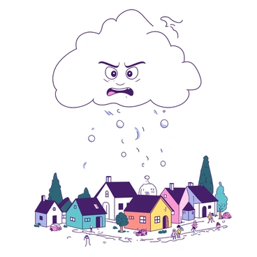 A cloud with a face, nervously looking down at a town below