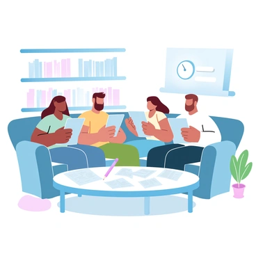 A family is gathered in a cozy living room, sitting on a comfortable sofa and plush chairs. Each member is holding a quiz sheet in one hand and a pencil in the other. The room has warm pastel-colored walls and soft lighting that creates an inviting atmosphere. A large coffee table in front of them is scattered with additional quiz sheets and a few colored pens. Bookshelves filled with books line the walls, and a small plant sits in the corner, adding a touch of greenery to the scene. A clock on the wall shows the time, suggesting they are engaged in a fun activity together.