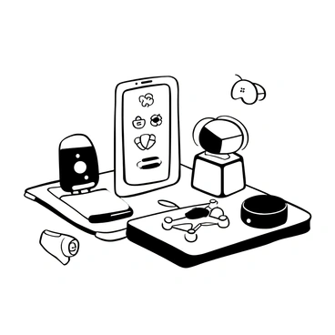 A collection of futuristic gadgets displayed on a sleek surface. In the foreground, there is a holographic smartphone projecting a 3D interface. Beside it, a compact drone with propellers folded against its body rests next to a smart wearable device resembling a sleek bracelet. In the background, a thin, transparent screen shows various app icons. Additional gadgets, such as a virtual reality headset and an advanced smart home assistant, are arranged around the central display, creating an atmosphere of innovation and technology.