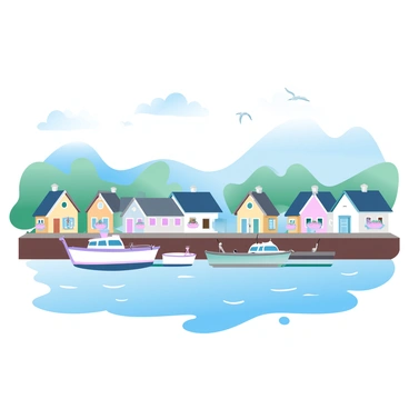 A quaint fishing village featuring several small wooden boats docked at a busy harbor. The boats are painted in various pastel colors, creating a vibrant scene. Alongside the harbor, there are charming houses with sloping roofs and colorful flower boxes under the windows. A gentle sea breeze causes the water to ripple softly, reflecting the pastel hues of the sky. In the background, rolling hills rise gently, providing a lush backdrop to the village. A few seagulls can be seen in the distance, soaring above the harbor.
