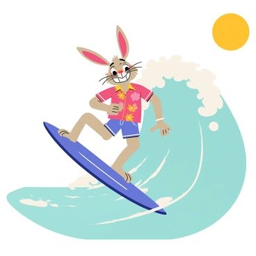 Bugs Bunny is riding on a vibrant blue surfboard, skillfully balancing as he surfs a giant, foamy wave. The wave is a towering shade of turquoise with white frothy edges crashing around him. Bugs has a big grin on his face, showcasing his trademark mischievous smile. He is wearing colorful sunglasses and a bright red Hawaiian shirt, adding to the playful scene. In the background, the sun is shining brightly in a clear blue sky, enhancing the cheerful atmosphere of the moment.