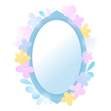 A close-up of a mirror with a decorative frame, reflecting a vibrant arrangement of "colorful flowers" in shades of pink, yellow, and blue. The background features a soft, blurred composition of the flowers, creating a harmonious pattern. The mirror surface is clear and polished, enhancing the brightness of the surrounding floral display.