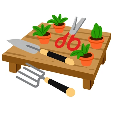 A collection of gardening tools including a trowel, pruning shears, and a hand rake is neatly arranged on a rustic wooden table. The trowel has a shiny metal blade with a wooden handle, while the pruning shears are red with sharp, curved blades. The hand rake has three metal prongs with a black handle. Surrounding the tools are small pots filled with vibrant green plants. Sunlight casts gentle shadows on the table, highlighting the textures of the wood and the tools.