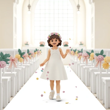 A charming flower girl, wearing a white dress with lace details and a matching floral crown, is scattering colorful petals down the aisle. She has a joyful expression on her face, her brown hair cascading in loose curls. The light and airy church features high ceilings and large stained glass windows, allowing soft, natural light to fill the space. The aisle is adorned with delicate white chairs tied with ribbons, and vibrant flowers arranged on either side enhance the festive atmosphere.