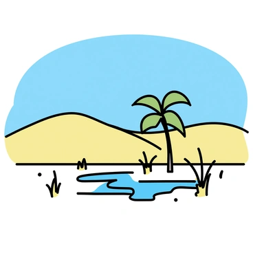 A desert landscape with golden sand dunes stretching into the distance under a clear blue sky. In the center of the scene, a small oasis is visible, featuring a few palm trees with green fronds arching over a diminishing pool of water. The surrounding area shows patches of dry earth, indicating the oasis is gradually losing its lushness. Brown and yellow grasses emerge sporadically around the edges of the oasis, reflecting the harsh conditions of the desert. The contrast between the vibrant greens of the palm trees and the dry, sandy environment highlights the oasis's struggle for survival.
