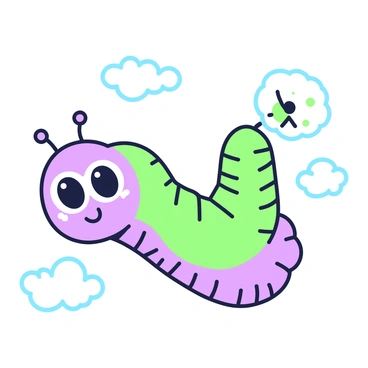 A whimsical caterpillar is floating through the sky, gently grasping a dandelion puff. The caterpillar has an elongated, segmented body with soft curves, and it features various patterns along its form. Its face displays a playful expression with large, curious eyes. The dandelion puff, fluffy and round, is held firmly in the caterpillar's tiny grasp, with delicate seeds fluttering around. The background is filled with a bright sky, dotted with a few fluffy clouds, creating a light and airy atmosphere.