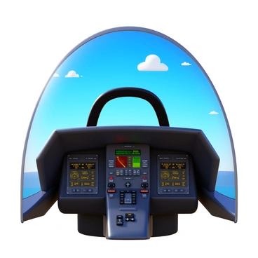 A view from the cockpit of an F35 jet. The cockpit displays various controls and instruments in a sleek, modern design. The dashboard features glowing screens and buttons with labels. Outside the cockpit, there is a clear blue sky with a few scattered clouds. The jet's canopy reflects some sunlight, adding shine to the scene.