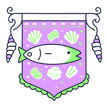 A festival banner displays an illustration of a halibut at the center. The halibut is depicted with its flat body and distinctive shape, surrounded by various seashells including scallops and conchs. The seashells are arranged in a decorative manner around the fish, enhancing the festive theme. The banner is designed with ornate details along the edges, creating an inviting and cheerful atmosphere. Bright patterns and motifs fill the background, contributing to the celebratory feel of the banner.