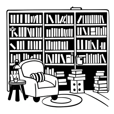 A quaint old bookstore with towering wooden shelves filled with books stacked neatly. In the foreground, there is a cozy reading corner with a plush armchair and a small side table holding a steaming cup. An antique lamp provides soft light, casting gentle shadows around the space. A small rug lies on the wooden floor, adding warmth to the setting. The air is filled with the presence of numerous books, with some open and laid out on the armchair.