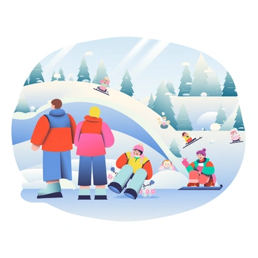 A family of four is at a luge park, surrounded by a snowy landscape. The parents are wearing colorful winter jackets, with the father in a red jacket and the mother in a bright blue one. They are standing beside a luge track that winds down a hill. Their two children, a boy and a girl, are playing in the snow nearby. The boy is building a snowman, while the girl is making snow angels. Snow-covered trees dot the background, and sleds are scattered around in the snow, suggesting other families are enjoying the day. The sky is clear with a soft blue hue, and the sunlight reflects off the glistening snow, creating a warm atmosphere despite the winter chill.