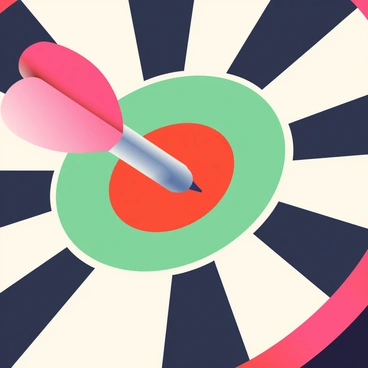 A close-up view of a dart is shown striking the "bullseye" on a classic dartboard. The dart is a vibrant red color with a sleek silver metal tip. The bullseye has a bright red center surrounded by a thicker green outer ring. The dartboard features alternating black and white segments, with the dart embedded perfectly in the center. The texture of the dartboard is visible, showing the fibers from which it is made. The setting highlights the tension of the moment, capturing the impact of the dart as it hits the target.