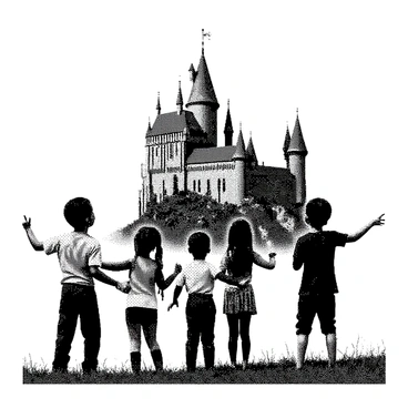 Four adventurous children are standing closely together on a grassy hill. They appear excited, looking up at a towering castle in the distance. The castle features high stone walls, multiple turrets, and a large flag waving from the highest point. The children consist of a boy with short dark hair, a girl with long braided hair, another boy wearing glasses, and a girl with curly hair. Each child's expression shows wonder and curiosity as they gaze towards the castle, their hands resting on their hips or pointing toward it. The scene captures the moment of exploration and discovery.