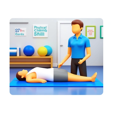 A physical therapist demonstrating clamshell exercises with a patient in a rehabilitation center. The therapist has short brown hair and is wearing a blue polo shirt and black pants. The patient is lying on their side on an exercise mat, wearing a white tank top and gray shorts. The therapist is guiding the patient's movements, offering support and encouragement. The background shows rehabilitation equipment like exercise balls and resistance bands, and there are motivational posters on the walls. The lighting is bright and creates a welcoming atmosphere.