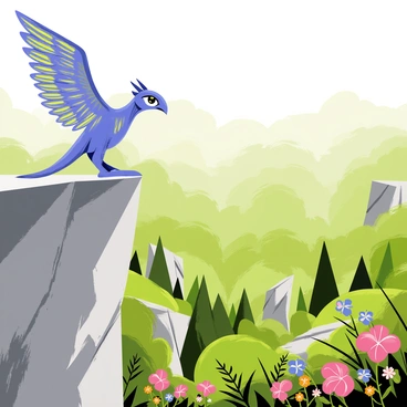 A majestic winged creature with iridescent feathers is perched atop a rugged, gray rocky cliff. Its wings are spread wide, displaying intricate patterns of blues and greens. Below, a vast enchanted forest stretches out, filled with lush greenery and vibrant flowers. Sunlight filters through the canopy, casting dappled shadows on the forest floor. The creature gazes intently over the landscape, its sharp eyes focused on the beauty before it.
