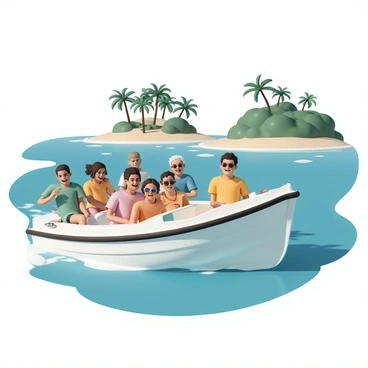 A small motorboat is navigating through clear turquoise waters, surrounded by lush green tropical islands. Onboard, several tourists are enjoying the ride, wearing colorful beach attire like bright shirts, shorts, and sunglasses. Some are laughing and taking photos, while others are leaning over the sides to feel the breeze. In the background, vibrant palm trees and sandy beaches are visible on the islands, creating a picturesque tropical scene. The sunlight glints off the water, enhancing the lively atmosphere of the adventure.