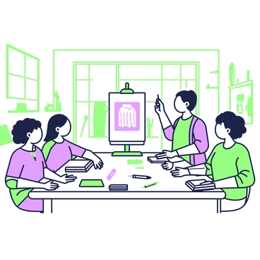 A group of three students is seated at a long table in a bright workshop space. Each student has a sketchbook open in front of them and a set of green and purple pencils scattered across the table. In the center of the table, there is a large drawing pad displaying an example illustration. At the front of the room, a professional illustrator stands beside an easel, demonstrating techniques with a green brush. The room is filled with various art supplies, and large windows allow natural light to illuminate the scene. Handouts with tips on illustration techniques are placed on the table near each student.