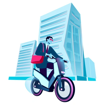 An office worker arriving at work on a smart bike, with a sleek office building in the background