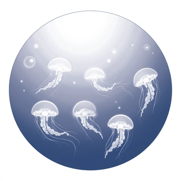 A cluster of tiny jellyfish drifting gracefully in the water. Each jellyfish has translucent bodies with delicate tentacles trailing behind. The ocean water appears calm, with gentle ripples surrounding the jellyfish. Above them, the twilight sky is transitioning from light to dark, casting a soft illumination on the scene. The jellyfish seem to emit a subtle glow, creating a serene atmosphere in the underwater environment.
