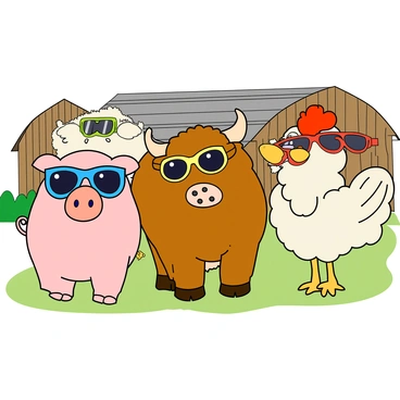 A group of four farm animals is gathered together for a humorous photo. A plump pig with a pink snout and small curly tail stands at the front, wearing oversized blue sunglasses. Next to it, a cheerful brown cow has a big grin on its face, sporting round, yellow sunglasses. Behind them, a fluffy white sheep with a thick coat is striking a funny pose, complete with funky red sunglasses. On the far side, a curious chicken with vibrant feathers is flapping its wings slightly, showing off its stylish green sunglasses. The animals are positioned in a sunny farmyard, with a wooden barn and green grass in the background, creating a playful and lively atmosphere.