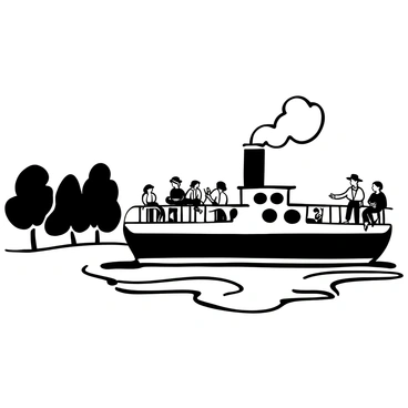 A vintage steamboat gliding smoothly across the water, with steam billowing from its chimney. Passengers are seated on the deck, some leaning against the railing while others are chatting and laughing. The scene captures various details such as hats and scarves worn by the passengers, while a few are holding drinks. Lush trees line the shoreline, and the gentle ripples of the water create a tranquil atmosphere.