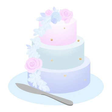 A multi-tiered wedding cake with three distinct layers is elegantly presented on a white tablecloth. Each layer is adorned with smooth fondant in a soft pastel color gradient from blush pink to lavender. Delicate floral decorations made of sugar petals in shades of white and soft pink cascade down one side of the cake. Small edible gold accents are scattered across the surface, enhancing the overall beauty. A cluster of small roses and peonies is placed atop the cake, creating a charming centerpiece. A silver cake knife rests beside the cake, ready for the celebration.