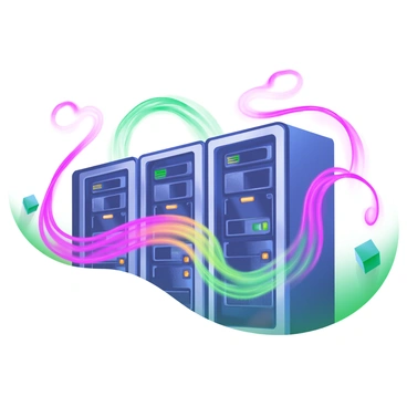 A modern pastel illustration featuring glowing fiber optic cables in vibrant colors. The cables are depicted as flowing lines of light, interconnecting multiple sleek servers in a data center. Each server is detailed with small blinking lights and vents. The background includes a subtle gradient to enhance the glowing effect of the cables, creating a sense of movement as data is transmitted between the servers.