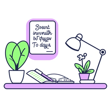 A stylish office desk is placed in a well-lit room. On the desk, there is a ledger opened to a page with visible lines and a pen resting beside it. A couple of potted plants, one with broad leaves and another with small, delicate flowers, are positioned on the desk, adding a touch of greenery. In the background, a wall features a framed motivational quote in elegant typography. The scene is organized and inviting, showcasing a blend of productivity and inspiration.