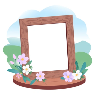 A weathered wooden frame with a textured surface is placed on a rustic table. The frame is adorned with intricate carvings and displays an empty space ready for a photo. Surrounding the frame are wildflowers in pastel colors, adding a gentle touch of nature. The background features a blur of rolling green hills and a clear blue sky, enhancing the countryside feel of the scene.
