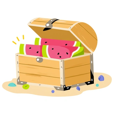 A wooden treasure chest with ornate metal hinges and a slightly open lid. Inside the chest, colorful watermelon slices are stacked, their bright red flesh contrasted against the green rind. Sunlight glints off the chest, highlighting the glossy texture of the watermelon. Surrounding the chest are scattered leaves and small jewels, adding a touch of sparkle to the scene. The background features a sandy beach with a few seashells, emphasizing the treasure theme.