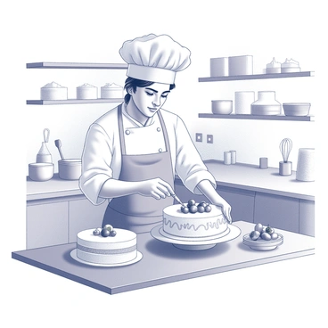 A pastry chef is standing in a professional kitchen, focused intently on a torte sitting on a countertop. The chef has a chef's coat and a chef's hat, with hair neatly tucked inside. The torte is round and layered, decorated with intricate piping designs and fresh fruit arranged on top. The chef is holding a small piping bag, skillfully adding delicate icing details to the edges of the torte. Surrounding the chef are various kitchen tools such as a whisk, spatula, and mixing bowls, as well as ingredients like flour and sugar neatly organized on shelves. The kitchen is well-lit, showcasing a clean and organized workspace.