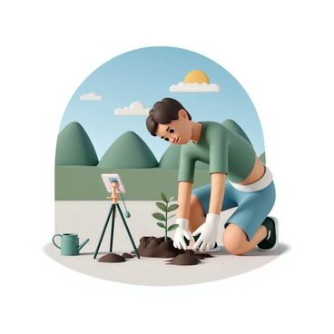 A person, wearing a green t-shirt, denim shorts, and gardening gloves, is kneeling on the ground, carefully planting a young sapling in a hole. The background features a sunny day with a clear blue sky and lush greenery. Nearby, a smartphone mounted on a tripod captures the scene, displaying the person's focused expression as they document the planting process. In the foreground, a few gardening tools, such as a trowel and a watering can, are placed beside them. The person's social media followers can be imagined watching from afar as they promote their eco-friendly lifestyle change.