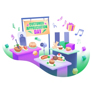 A bright scene showcasing a "Customer Appreciation Day" banner in bold, colorful letters. Tables are filled with an array of delicious food items, including colorful cupcakes, fresh fruits, and savory snacks. A small stage is set up with a microphone and speakers, while musical notes are illustrated in the air, indicating lively music. Gift boxes in vibrant wrapping are scattered around the area, with some featuring bows and ribbons. People are gathered, smiling and enjoying the festivities, creating a lively and joyful atmosphere.