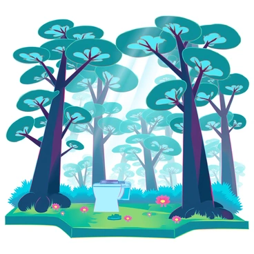 A whimsical forest filled with lush greenery and tall trees. The trees have unique leaves shaped like “skibidi toilets,” adding an amusing touch to the scene. Sunlight filters through the canopy, illuminating the vibrant colors of the leaves. The ground is covered with soft moss and scattered wildflowers, creating a colorful carpet underfoot. In the background, playful creatures can be seen exploring the forest, enhancing the lively atmosphere of this enchanting environment.