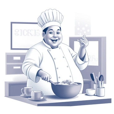 A cheerful chef with a round figure stands in front of a kitchen counter. The chef is wearing a white chef's coat and a traditional chef's hat. There are various cooking utensils such as knives, bowls, and measuring cups arranged neatly on the counter. In front of the chef, a large mixing bowl filled with ingredients is being demonstrated for a delicious recipe. The backdrop features a set with bright lights and a large television screen displaying the name of the cooking show. The chef is smiling broadly while gesturing towards the mixing bowl, engaging with an imaginary audience.
