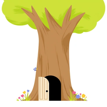 A giant tree with a door in its trunk leading to a hidden world