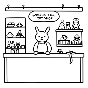 A rabbit standing behind a wooden counter in a toy shop. The rabbit is wearing a small apron and has its paws resting on the counter. Behind the rabbit, there are shelves filled with a variety of handcrafted toys, including teddy bears, wooden cars, and colorful dolls. Some toys are neatly arranged while others are slightly scattered as if recently played with. A sign hanging from the ceiling reads "Welcome to the Toy Shop." A few toy blocks are placed on the counter in front of the rabbit.