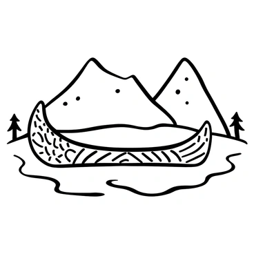 An Inuit canoe is resting on the surface of a frozen lake. The canoe is crafted from traditional materials, featuring intricate patterns on its body. Surrounding the lake are tall, snow-covered mountains that create a dramatic backdrop. The snow on the mountains has a textured appearance, with varying slopes and ridges. In the foreground, the ice of the lake reflects the shapes of the canoe and the towering mountains, adding depth to the scene.