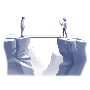 Two individuals stand on opposite sides of a wide canyon. Each person is positioned on a rocky ledge that juts out from the cliff's edge. The first person is wearing a light jacket and appears to be looking towards the second person. The second person is dressed in casual clothing and seems to be waving towards the first. Between them, a sleek, transparent bridge spans the canyon, its structure appearing delicate yet sturdy. The bridge arches gracefully over the deep chasm, creating a visual connection between the two figures. The canyon below is rocky and rugged, with steep walls that rise sharply on either side.