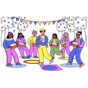 A lively festival scene filled with vibrant colors. In the foreground, several people are playing dholki drums, their faces filled with excitement. Some are standing while others are dancing joyfully around them. The dancers are wearing traditional outfits, adorned with bright patterns and textures. In the background, colorful banners and decorations are hanging from the trees, completing the festive atmosphere. The ground is decorated with colorful mats where people are gathered, adding to the joyful energy of the scene.