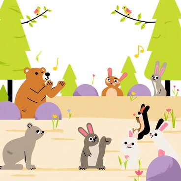 An audience of forest animals is gathered around a dirt track, eagerly watching a race. There are several animals including a brown bear with raised paws, a gray squirrel clapping its tiny hands, and a group of excited rabbits with big ears perked up. In the background, tall green trees and colorful flowers frame the scene. The animals are variously positioned on rocks and logs, creating a lively atmosphere. Some birds are perched on branches above, singing cheerfully as they observe the event. The scene captures the excitement and camaraderie of the forest creatures.