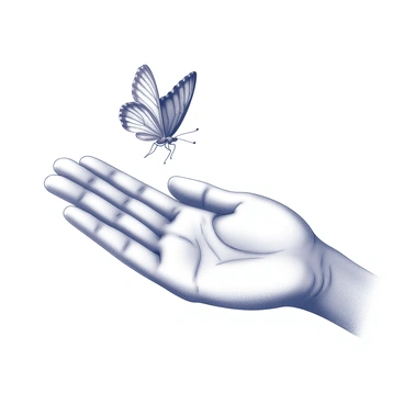 A detailed illustration of a human hand positioned palm-up, showing the skin's texture and fine details. The hand is open and relaxed, with fingers slightly curved to create a gentle surface. A butterfly, with intricate wing patterns and textures, is depicted just above the hand, appearing to land softly. The butterfly's wings are spread wide, showcasing its unique design and delicate features as it approaches the palm.