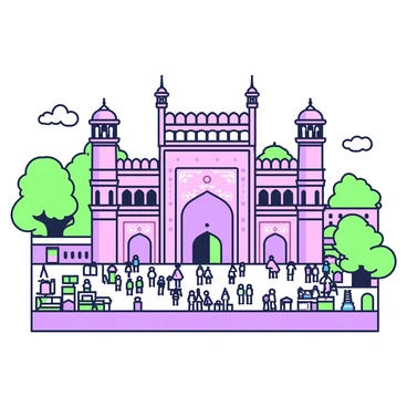 A bird's eye view showcasing "Hawa Mahal," the iconic palace with its intricate latticework and numerous small windows. The structure is made of pink sandstone, featuring multiple tiers adorned with decorative motifs. Surrounding the palace, there are vibrant streets filled with shops displaying textiles and handicrafts. In the background, lush greenery is visible, creating a contrast with the architectural landmark. The scene captures the bustling atmosphere of the area, with people walking and engaging in daily activities. The sky is clear, allowing sunlight to illuminate the entire scene beautifully.