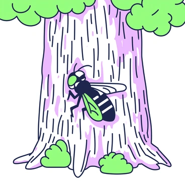 A hornet is perched on the rough bark of a tree. The hornet's body features intricate patterns that mimic the texture of the bark, allowing it to blend into its surroundings seamlessly. The tree trunk displays deep grooves and fissures, enhancing the natural camouflage of the hornet. Sunlight filters through the leaves above, creating dappled shadows on the bark, highlighting the texture and the hornet's presence in a subtle way. Surrounding the hornet, small patches of moss and lichen add to the earthy ambiance.