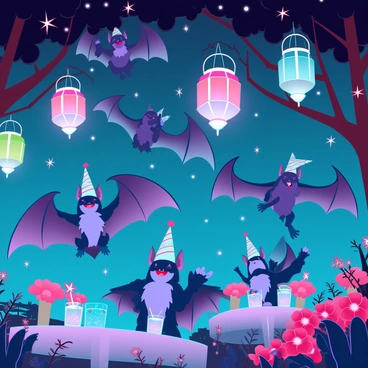 A group of playful bats with varying shades of black and gray fur are gathered around a beautifully decorated garden at night. The sky is deep blue, dotted with bright stars. Colorful lanterns of different shapes and sizes hang from tree branches, casting soft, warm light over the scene. The bats are wearing tiny party hats and are flitting joyfully between the lanterns. Some bats are suspended mid-air, while others are perched on flower-covered tables adorned with treats and sparkling drinks. The garden is lush with vibrant flowers and leaves, creating a festive atmosphere as the bats celebrate under the twinkling lights.