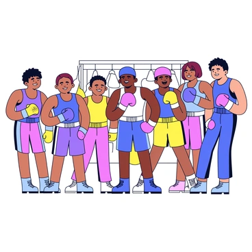 A diverse group of amateur boxers standing together in a row, all smiling. Each boxer has a different skin tone and hairstyle, showcasing a variety of ethnic backgrounds. They are wearing colorful boxing gloves and training gear, with some wearing headgear. The setting features a simple gym backdrop with a few gym bags and a punching bag visible. The atmosphere is cheerful and energetic, reflecting their camaraderie after a successful training session.