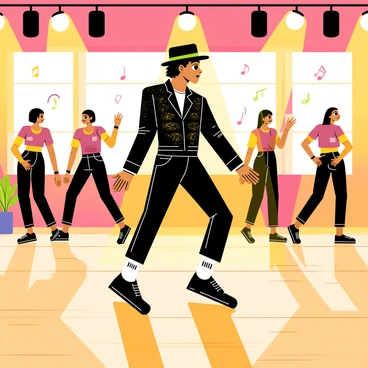 A rehearsal studio filled with bright lights and mirrors surrounds "Michael Jackson," who is wearing a black fedora, a sequined jacket, and white socks with black shoes. He is in the middle of a smooth dance move, demonstrating precise footwork. Several background dancers are positioned around him, wearing matching outfits that complement his style, and they are in various poses, practicing their synchronized routine. The floor is a polished wooden surface, reflecting the dynamic energy of the dance. "Musical notes" and "spotlights" illuminate the scene, highlighting the excitement of the rehearsal.