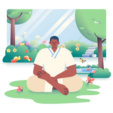 A person with medium brown skin and short black hair is sitting cross-legged on a soft, green grass patch in a garden. Their eyes are closed as they meditate, wearing a loose-fitting white tunic and comfortable beige pants. Around them, various colorful flowers bloom, including red roses and yellow daisies. There are tall trees providing shade, with sunlight filtering through the leaves, casting gentle patterns on the ground. A small pond with clear water reflects the blue sky, and a couple of butterflies flutter nearby. In the background, a stone path winds through the garden, surrounded by lush greenery.